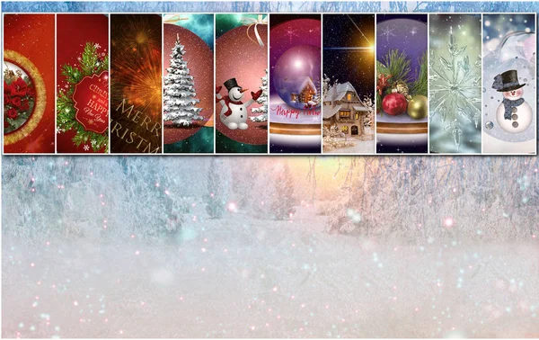 Collage aus zehn Weihnachtsbildern vor dem Hintergrund des Winterwaldes — Stockfoto