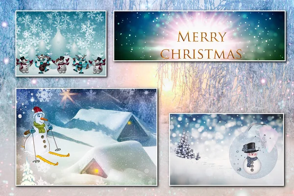 Collage of four Christmas images on the background of the winter forest — Stock Photo, Image