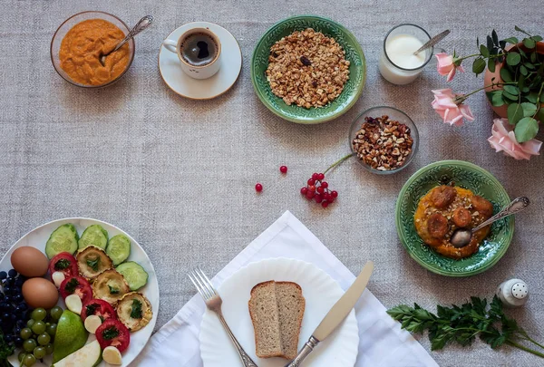 Healthy Breakfast on tablecloth, top view, copy space — Stock Photo, Image