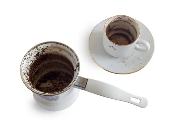 Грязный турок для кофе и кофе Кубок, вид сверху — стоковое фото