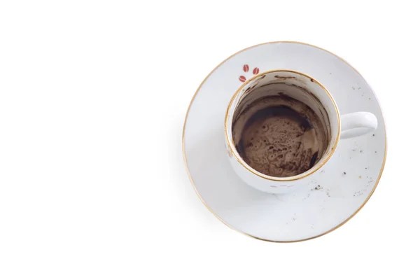 Brudne naczynia do kawy: filiżanka kawy i spodek. — Zdjęcie stockowe