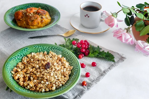 Desayuno saludable en la mesa, productos naturales — Foto de Stock