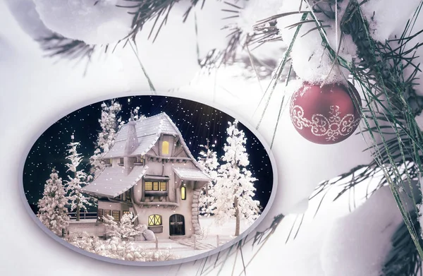 Karácsonyi üdvözlőlap egy ünnepélyesen megvilágított ház képével. — Stock Fotó