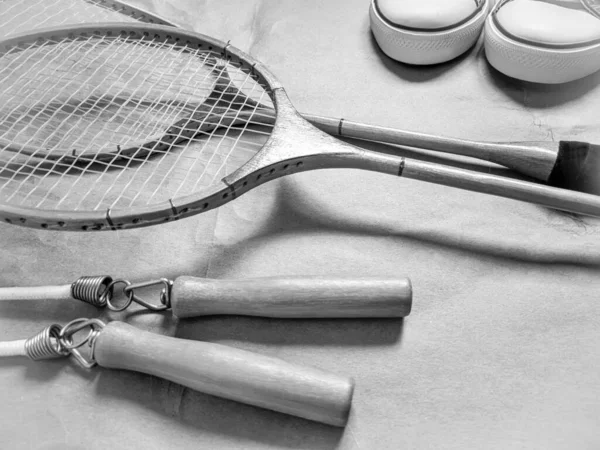 Sprzęt Sportowo Rekreacyjny Rakiety Badmintona Buty Sportowe Skakanka Miejsce Kopiowania — Zdjęcie stockowe