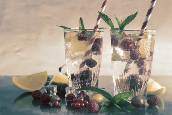 Été Cocktail Rafraîchissant Fruits Naturels Baies Variées Aux Feuilles Glace — Photo