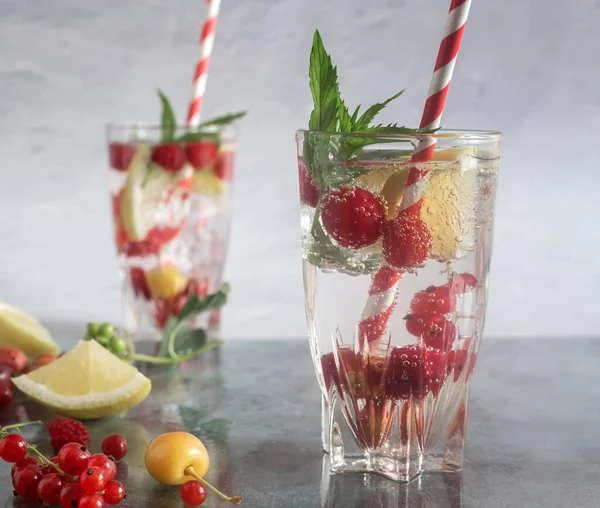 여름에는 과일과 얼음과 열매들로 상쾌하게 칵테일을 만든다 라즈베리 커런트 — 스톡 사진