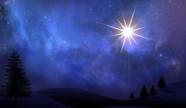 Tarlanın ve ormanın üzerinde, gece gökyüzünde, bulutların ve yıldızların arasında, Noel yıldızı yanıyor. Noel arkaplanı. Pankart