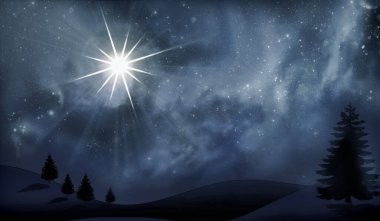 Tarlanın ve ormanın üzerinde, gece gökyüzünde, bulutların ve yıldızların arasında, Noel yıldızı yanıyor. Noel arkaplanı. Pankart