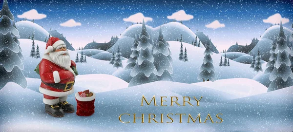 Belo Cartão Natal Com Uma Árvore Natal Papai Noel Saco — Fotografia de Stock