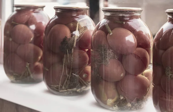 Home Preservation Large Glass Jars Red Ripe Pickled Tomatoes Closed — Stock Photo, Image