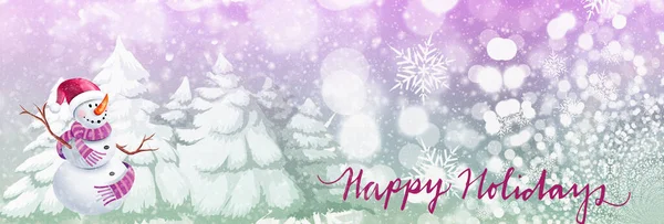Предпосылки Рождественской Открытки Изображением Зимнего Пейзажа Снеговика Поздравительной Надписью — стоковое фото