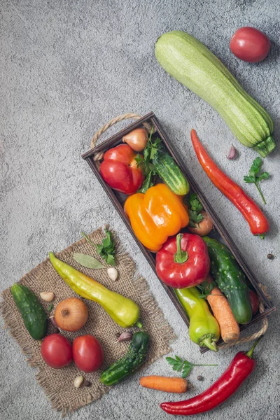 Wooden Container Napkin Variety Ripe Vegetables Tomatoes Peppers Cucumbers Parsley — Stock Photo, Image
