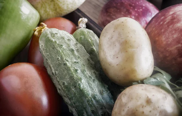 Uma Pequena Caixa Pepinos Tomates Maçãs Apresentado Close — Fotografia de Stock