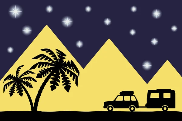 Silhouet van de auto en palmbomen. — Stockvector