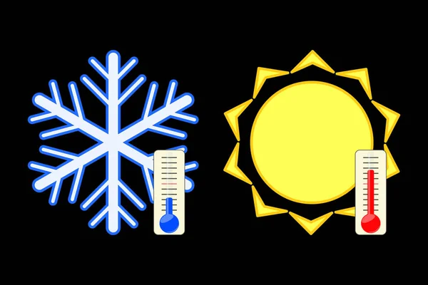 Thermometers on the background of snowflakes and the sun. — Stock Vector