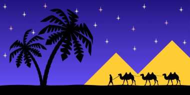 Gece gökyüzünde develeri olan adam.