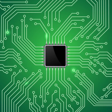 Mikroçipe lehimlenmiş lenslerle elektronik mikro devre vektör çizimi. Teknik ayrıntılarla elektronik iş için soyutlama.