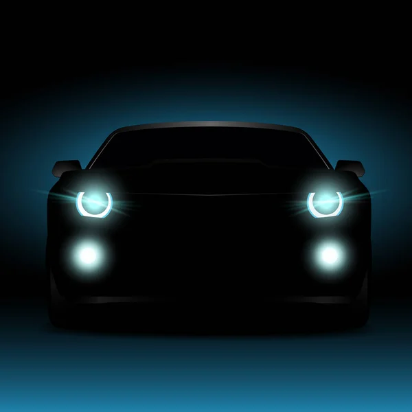 Силуэт Автомобиля Темноте Ночью Светящиеся Фары Туманные Фары — стоковый вектор