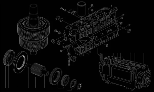Makine Dairesi Mekanik Yedek Parça Elementleriyle Mekanik Çizim — Stok Vektör