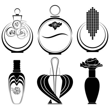 Parfüm şişeleri siyah vektör şeklini ayarlayın. Parfüm şişelerinin yaratıcı tasarımı