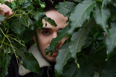 Bitkiler etrafında adam portresi