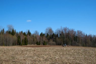 Traktör, toprağı ormanın yakınına sürüyor. Ekilebilir bahar arazisi.