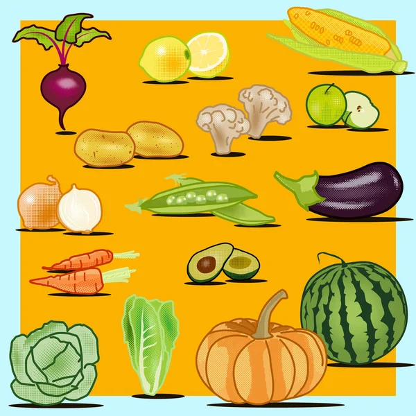 Colorful Set Fruits Vegetables Isolated Creative Design Healthy Life Objects — Stock Vector