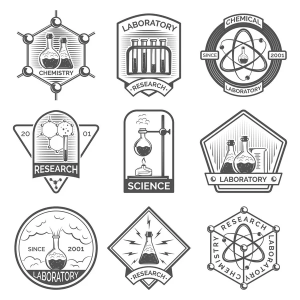 Ensemble d'éléments de recherche en laboratoire monochromes avec flacons, tubes et étiquettes de structure moléculaire, logos, badges, emblèmes — Image vectorielle