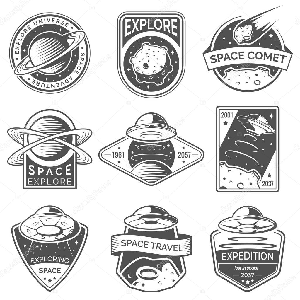Monochrome space, UFO and planet vector labels, logos, badges, emblems. Explore mission in space