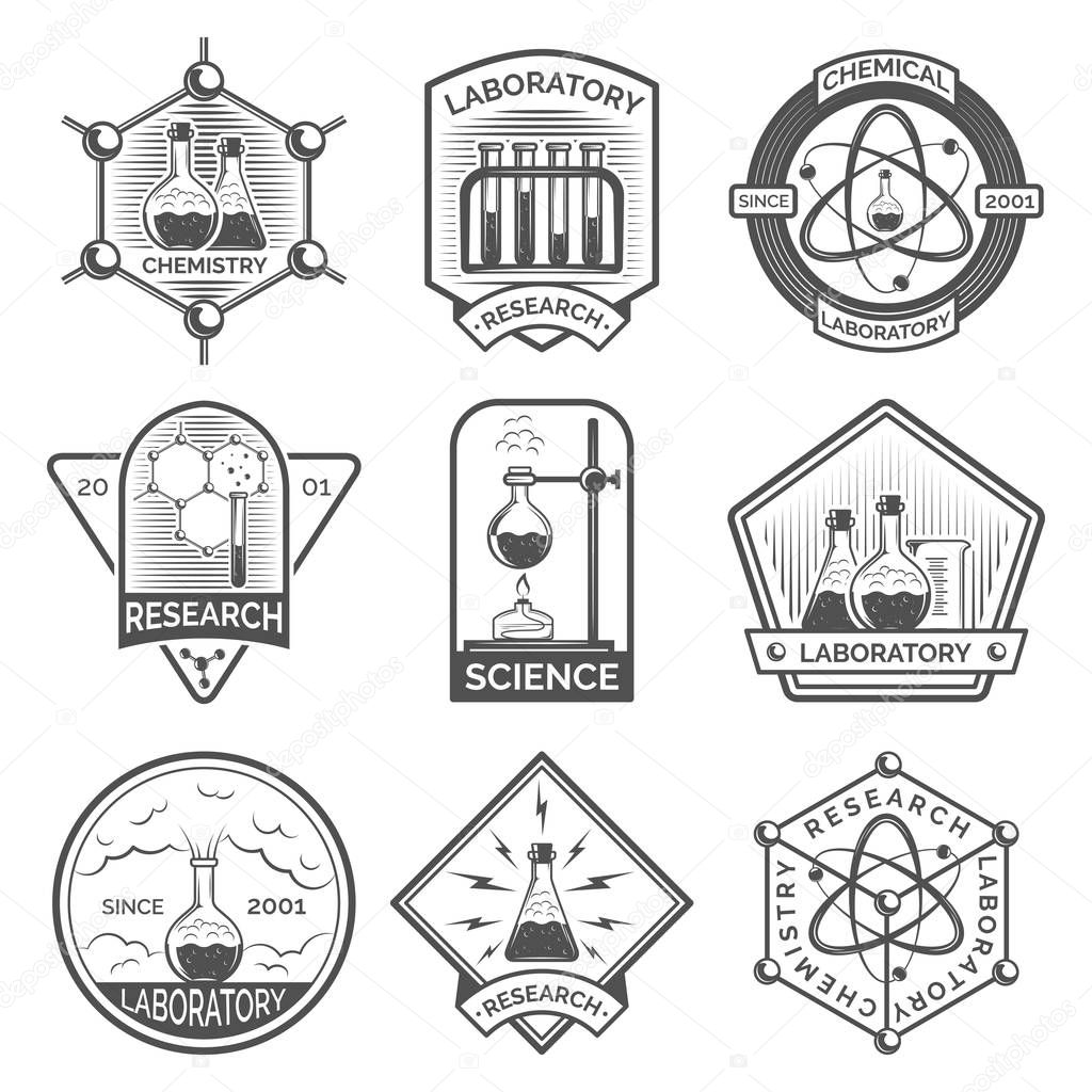 Set of monochrome laboratory research elements with flasks, tubes and molecular structure labels, logos, badges, emblems