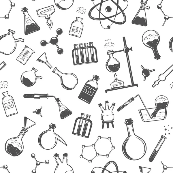 Chemie naadloze patroon met formules en laboratoriumapparatuur. Science achtergrond — Stockvector