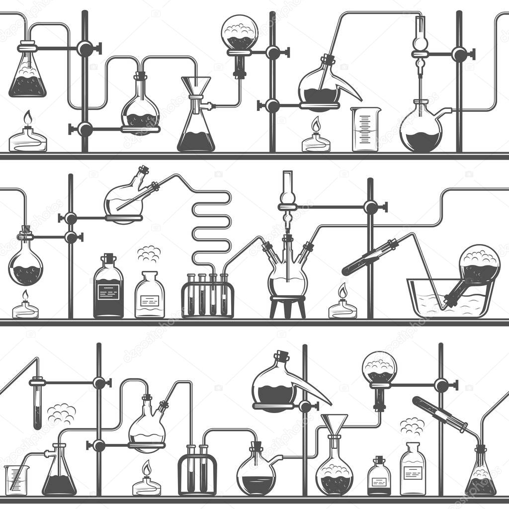 Chemistry seamless pattern with formulas and laboratory equipment. Science background