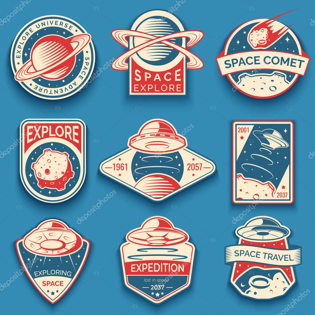 Colorful space, UFO and planet vector labels, logos, badges, emblems. Explore mission in space