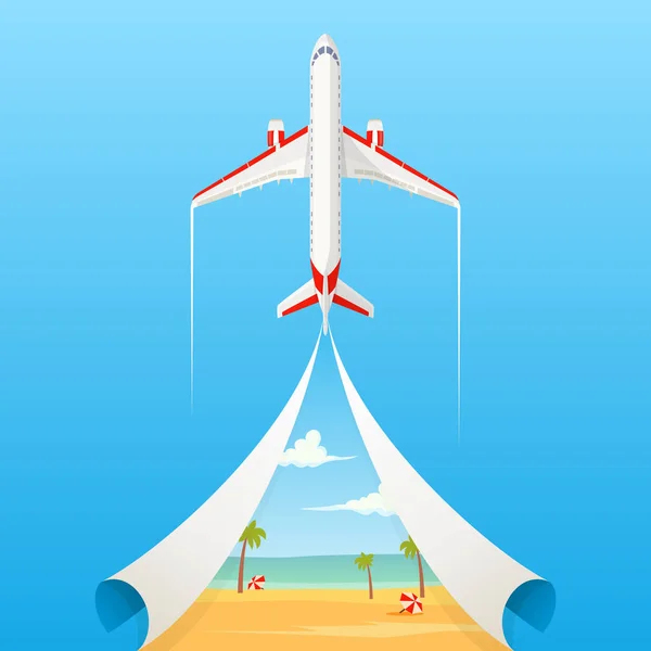 Bannière plate sur le thème du voyage en avion, vacances, aventure. Compagnies aériennes privées, transport. Un avion volant — Image vectorielle