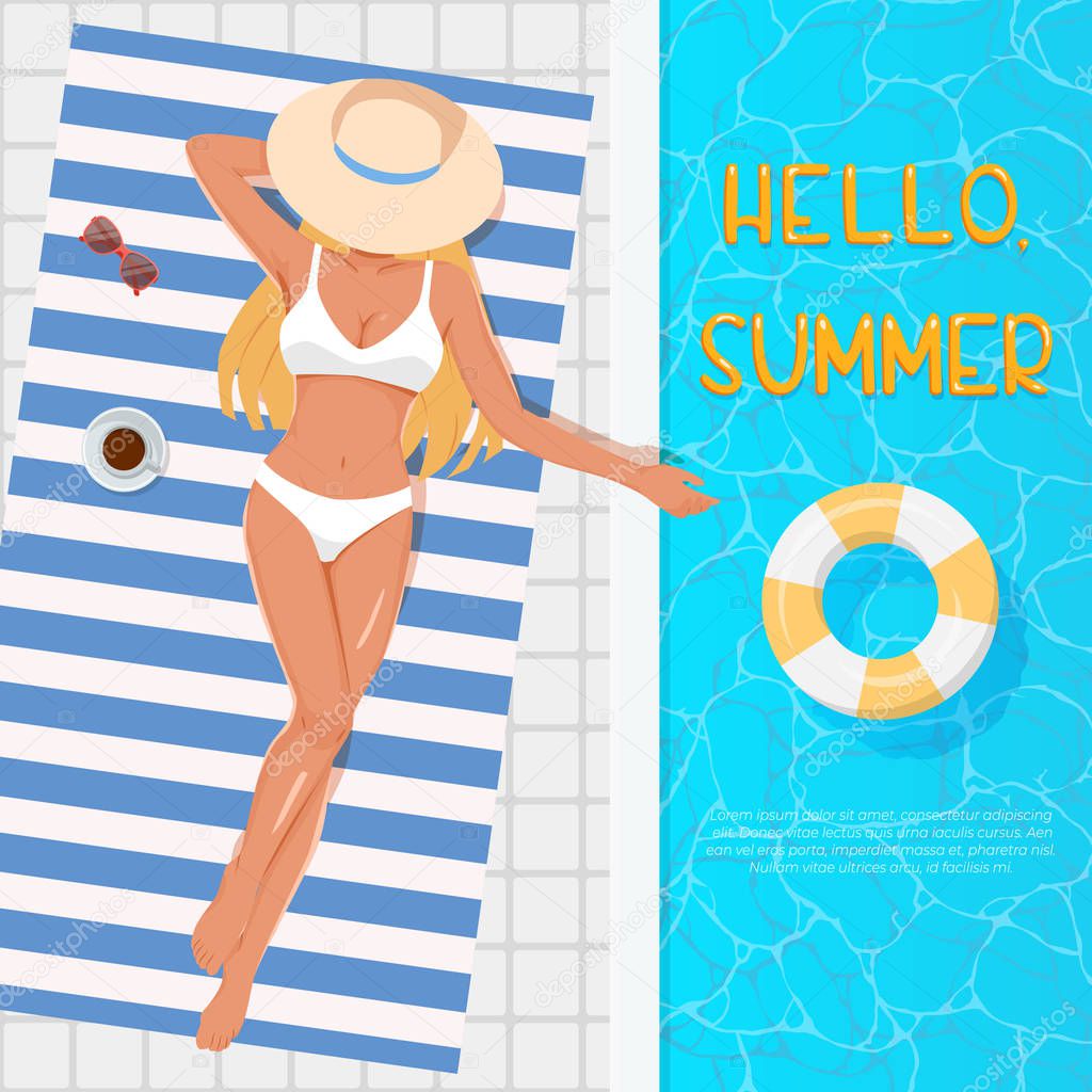 Woman in hat sunbathing on the beach towel near the swimming pool. Summer vacation concept. Top view of young blonde girl in white swimsuit sunbathing beside water pool