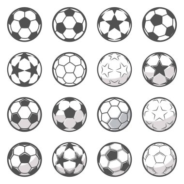On altı tek renkli futbol topları kümesi. Futbol ya da futbol ile ilgili. Futbol koleksiyonu sembolü