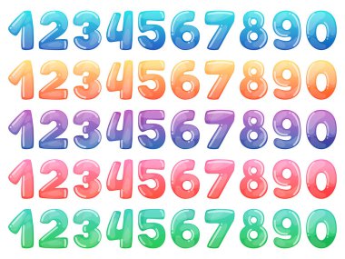 Renkli karikatür sayı kümesi. Gökkuşağı şeker ve parlak komik karikatür simgeleri. Farklı tatil semboller koleksiyonu