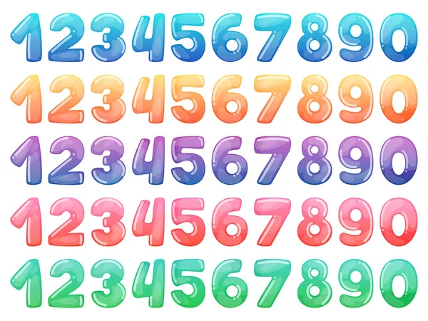 Conjunto de números de desenhos animados a cores. Arco-íris doces e brilhantes símbolos engraçados dos desenhos animados. Coleção de diferentes símbolos de férias —  Vetores de Stock