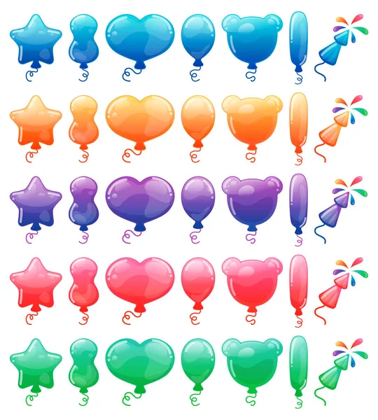 Farbige Cartoon-Luftballons und Feuerwerk. Regenbogenbonbons und lustige Cartoon-Symbole. Sammlung verschiedener Feiertagssymbole — Stockvektor