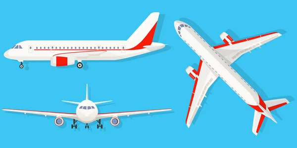 Avion sur fond bleu à différents points de vue. Avion de ligne en haut, côté, vue de face. Style plat — Image vectorielle