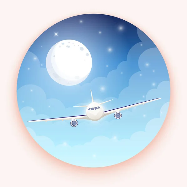 Avion sur fond bleu avec lune et étoiles. Un avion volant dans le ciel nocturne. Illustration d'atterrissage. Voyages en avion, compagnies aériennes privées et transports — Image vectorielle
