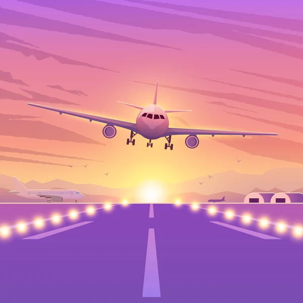 Літак на рожевому тлі з заходом сонця. Літаючий літак у небі. Посадкова ілюстрація. Подорожі літаком, приватними авіакомпаніями та перевезеннями — стоковий вектор