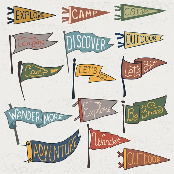Set of adventure, outdoors, camping colorful pennants. Retro monochrome labels on textured background. Hand drawn wanderlust style. Pennant travel flags design — Stock Vector