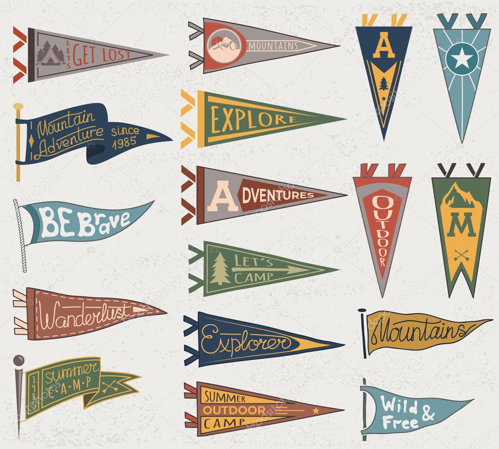 Set of adventure, outdoors, camping colorful pennants. Retro labels on textured background. Hand drawn wanderlust style. Pennant travel flags design. Vector illustration.