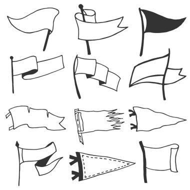 12 flamalar kümesi. Retro tek renkli etiket. Elle çizilmiş yolculuk tutkusu tarzı. Flama seyahat bayrakları tasarım