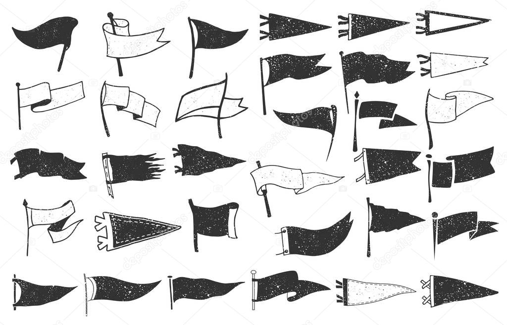 Set of textured pennants. Retro monochrome labels. Hand drawn wanderlust style. Pennant flags design. Vector illustration.
