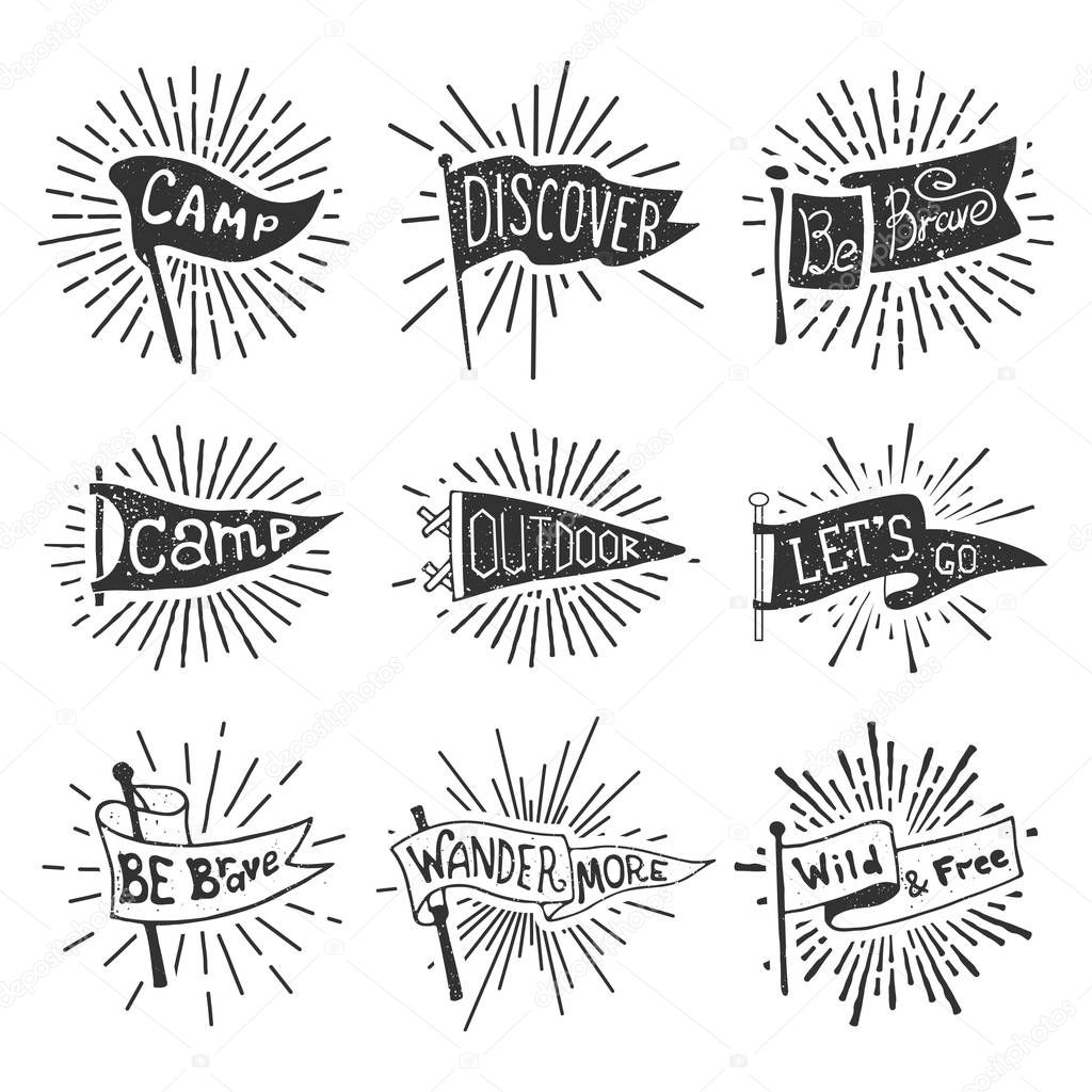 Set of adventure, outdoors, camping pennants. Retro monochrome labels with light rays. Hand drawn wanderlust style. Pennant travel flags design