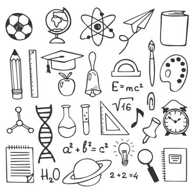 Okul eğitim kroki çizim simgeler. El eğitim öğeleri resimde çekilmiş. Bilim, coğrafya ve biyoloji, fizik ve matematik, astronomi ve kimya doodle kroki