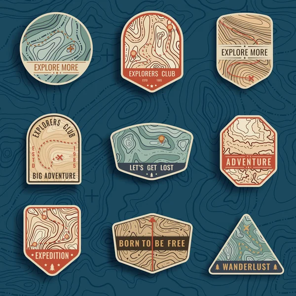 Set of nine topographic map travel emblems. Outdoor adventure emblems, badges and logo patches. Forest camp labels in vintage style. Map pattern with mountain texture and grid — Stock Vector