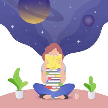 Okuma ve rüya genç yetişkin bir kız. Bir dinlenme kitap yığını ve bir fincan kahve ile bir kadın. Evde kavramı rahatlatıcı. Eller illüstrasyon literatüründe kadınla